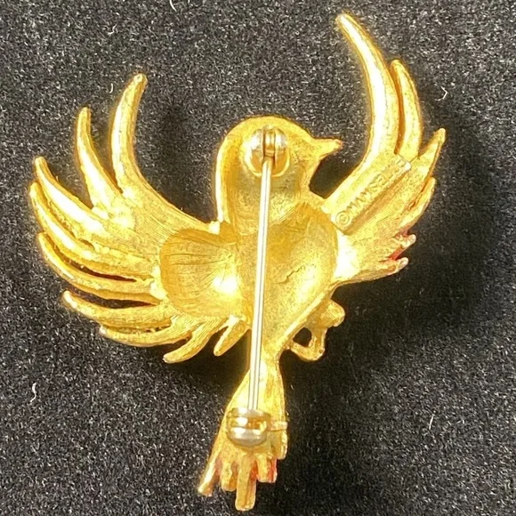 VINTAGE Mamselle Gold-Tone Bird Brooch Red Rhinestone Eye Bird Pin Signed, 1.5” - Picture 4 of 10